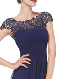 Elegant Lace Cap Sleeve Chiffon Evening Gowns Open Back Bateau Long Prom Dresses STB15170