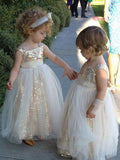 Cute Glitter A Line Gold Sequins Tulle Flower Girl Dresses, Little Girl Dresses STB15573