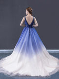 Ball Gown Ombre V Neck Tulle Royal Blue Long Prom Dresses, Quinceanera Dresses STB15067