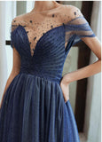 Charming A Line Blue Ombre Tulle Prom Dresses with Open Back, Evening STB20394