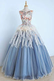 Princess Ball Gown Appliques Blue Tulle Prom Dresses, Sweet 16 Dress, Quinceanera Dress STB15289