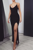 Sexy Black Mermaid Prom Dresses Long with Leg Slit, Spaghetti Straps Evening Dresses STB15330