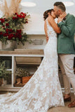 Elegant Mermaid Lace Appliques Straps V Neck Ivory Wedding Dresses, Beach Wedding Gowns STB15515