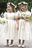 Vintage Juliet Sleeves Tea Length Round Neck Satin Flower Girl Dresses, Little Dresses STB15606