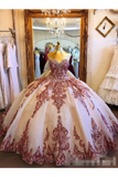Champagne Tulle Rosewood Appliques Sweet Heart Neckline Ball Gown Quinceanera Dresses Prom STBPCTTJKBL