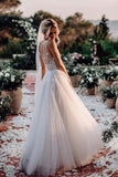 Elegant A Line V Neck Tulle Wedding Dresses with Flowers, V Back Beach Wedding Gowns STB15513