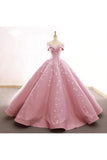 Ball Gown Off The Shoulder Satin Prom Dress With Appliques Long Quinceanera STBPDJZ6JB1