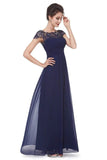 Elegant Lace Cap Sleeve Chiffon Evening Gowns Open Back Bateau Long Prom Dresses STB15170