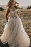 Spaghetti Straps Tulle Deep V-Neck Wedding Dresses, Romantic Bohemian Beach Bridal Dress STB15421
