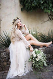 Princess Long Sleeve Lace Top Beach Wedding Dresses With Slit Tulle Ivory Wedding Gowns STB15299