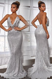 Sexy Mermaid Deep Neck Halter Backless Sequins Prom Dresses Long Formal Dresses STB15338