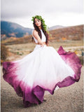 Flowy Two Pieces White Straps Prom Dresses Bateau Fuchsia Dyed Chiffon Wedding Dress STB15233