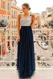 Flowy One Shoulder Navy Blue Tulle Long Prom Dresses, Cheap Formal Dresses STB15232