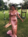Unique Spaghetti Straps Pink Mermaid Prom Dresses Off the Shoulder Evening Formal Dresses STB15468