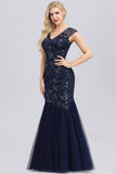 Elegant V-Neck Beaded Bodycon Mermaid Prom Dresses Straps Evening Gowns STB15215