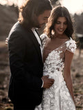 A Line Ivory V Neck Country Wedding Dresses with Appliques, Beach Wedding Gowns STB15548
