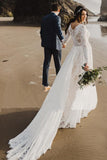 Charming A Line Long Sleeves V Neck Lace Ivory Beach Wedding Dresses, Bridal STB20395