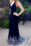 Dark Navy Blue Mermaid Prom Dresses With Appliques Charming Long Formal STBPESSR754