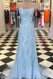 Mermaid Spaghetti Straps Light Blue Prom Dress with Appliques, Evening Dresses STB15266