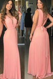 Elegant V Neck Chiffon Coral Straps V Neck Prom Dresses with Belt, Long Evening Dresses STB15212