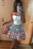 Cute Gray Strapless Tulle Homecoming Dresses with Flowers Short Sweet 16 Dresses STB14971