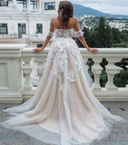 Princess A Line Off the Shoulder Sweetheart Beach Wedding Dresses with Appliques STB15585