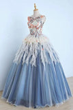 Princess Ball Gown Appliques Blue Tulle Prom Dresses, Sweet 16 Dress, Quinceanera Dress STB15289