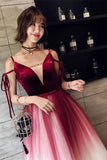 A Line Spaghetti Straps Ombre Long Tulle Prom Dresses, Burgundy V Neck Evening Dress STB15029