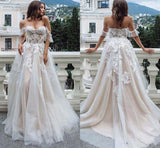 Princess A Line Off the Shoulder Sweetheart Beach Wedding Dresses with Appliques STB15585