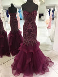 Strapless Sweetheart Long Tulle Mermaid Beads Prom Dresses, Maroon Formal Dresses STB15433