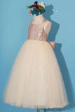 Princess Gold Sequin Shiny Round Neck Flower Girl Dresses with Bowknot, Baby Dresses STB15589