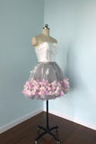 Cute Gray Strapless Tulle Homecoming Dresses with Flowers Short Sweet 16 Dresses STB14971