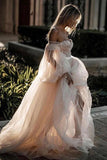 Princess Long Puff Sleeves Off the Shoulder Tulle Wedding Dresses, Beach Wedding Gowns STB15298