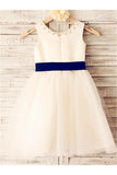 Ivory A-line Scoop Sleeveless Bowknot Tea-Length Tulle Flower Girl Dresses With Belt