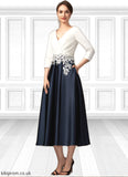 Monica A-Line V-neck Tea-Length Satin Mother of the Bride Dress With Ruffle Appliques Lace Pockets STB126P0014778
