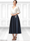 Monica A-Line V-neck Tea-Length Satin Mother of the Bride Dress With Ruffle Appliques Lace Pockets STB126P0014778