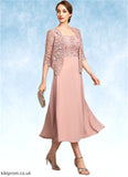 Naomi A-Line Square Neckline Tea-Length Chiffon Lace Mother of the Bride Dress With Beading Sequins STB126P0014789