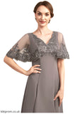 Harper A-Line V-neck Tea-Length Chiffon Lace Mother of the Bride Dress With Beading Sequins STB126P0014852