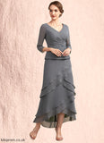 Esperanza A-Line V-neck Asymmetrical Chiffon Lace Mother of the Bride Dress With Ruffle Beading Sequins STB126P0014860