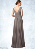 Valentina A-Line V-neck Floor-Length Chiffon Lace Mother of the Bride Dress With Ruffle Sequins STB126P0014870