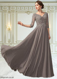 Makenna A-Line V-neck Floor-Length Chiffon Lace Mother of the Bride Dress With Beading Sequins STB126P0014876
