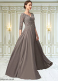 Makenna A-Line V-neck Floor-Length Chiffon Lace Mother of the Bride Dress With Beading Sequins STB126P0014876