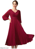Hailey A-Line V-neck Tea-Length Chiffon Mother of the Bride Dress With Pleated STB126P0014878