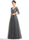 Genesis A-Line V-neck Floor-Length Tulle Lace Mother of the Bride Dress With Beading Sequins STB126P0014895