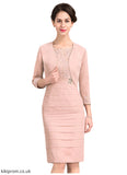 Leah Sheath/Column Scoop Neck Knee-Length Chiffon Lace Mother of the Bride Dress With Beading Sequins STB126P0014896