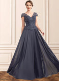 Mikaela A-Line V-neck Floor-Length Chiffon Lace Mother of the Bride Dress With Sequins STB126P0014901