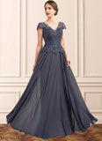 Mikaela A-Line V-neck Floor-Length Chiffon Lace Mother of the Bride Dress With Sequins STB126P0014901
