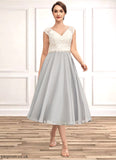 Justine A-Line V-neck Tea-Length Chiffon Lace Mother of the Bride Dress With Beading STB126P0014919