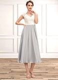 Justine A-Line V-neck Tea-Length Chiffon Lace Mother of the Bride Dress With Beading STB126P0014919
