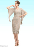 Quinn Sheath/Column V-neck Knee-Length Chiffon Lace Mother of the Bride Dress With Cascading Ruffles STB126P0014925